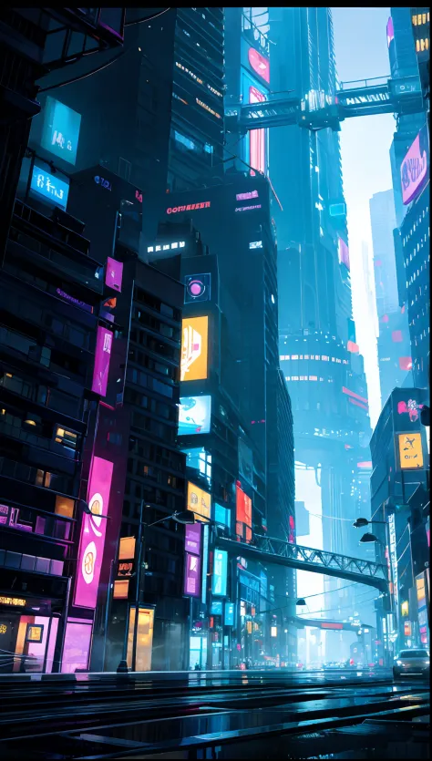 City of Gotham from a corner, no people on the streets, buildings, hoardings, big screens showing joker, city fully covered in Fogg, night, dark sky with no clouds, a little shade of yellow, dim Street lights, electric poles, cyberpunk and neon theme, chro...