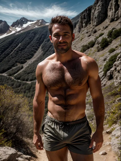 masterpiece, best quality, high resolution, closeup portrait, male focus, solo focus, a man, pretty shirtless sweaty hairy guy hiking, 37 years old, view from below, closeup, interesting perspective, skinny and lean body, pretty cute and masculine face, sm...