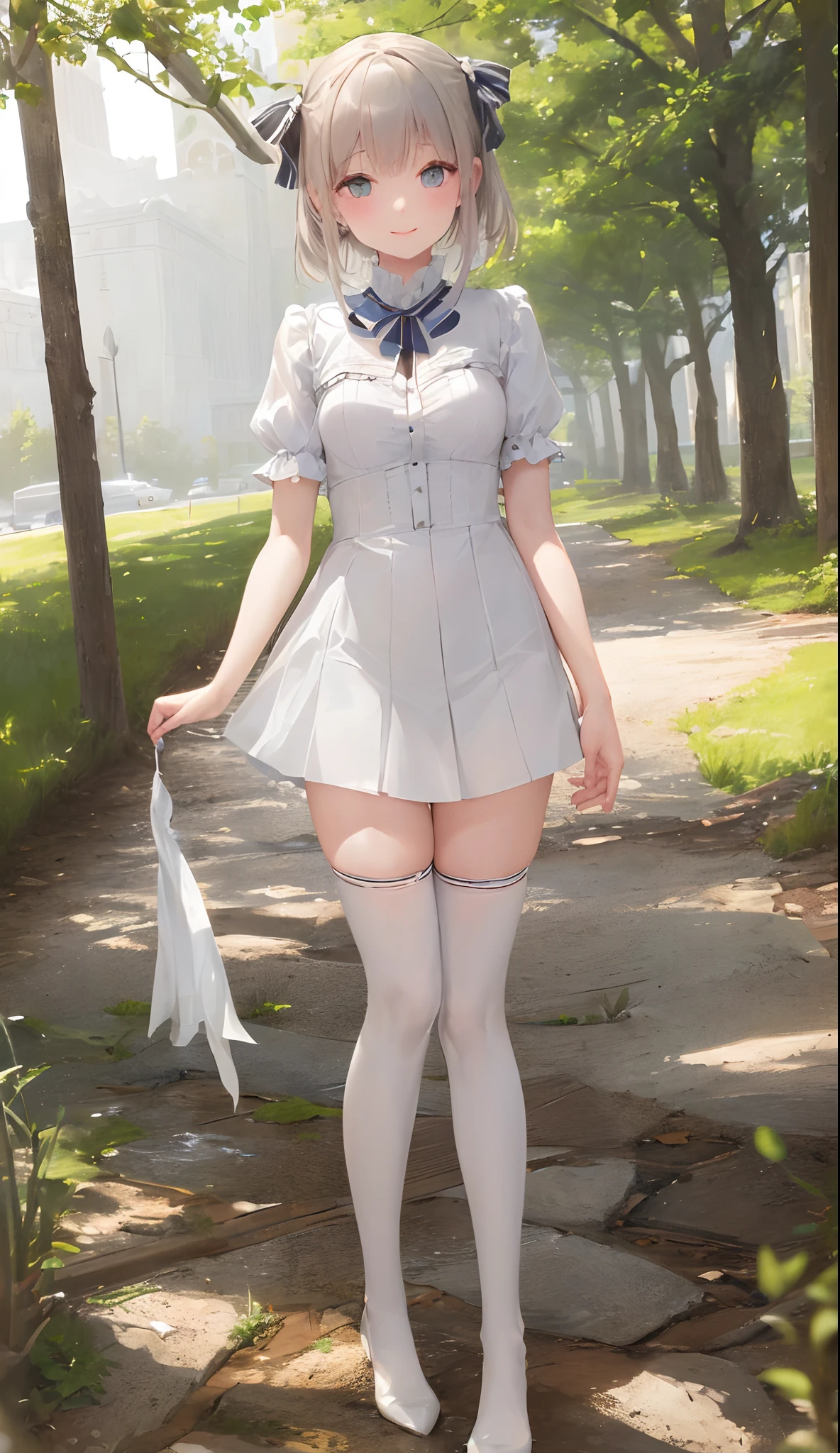 ((Masterpiece,Best quality)),1girll, Solo, dress, Short sleeves, view the viewer, Wet, Shiny skin,white thighhighs,Grass, Smile, Outdoors, bangs, Sunlight, Dappled sunlight, day, Depth of field