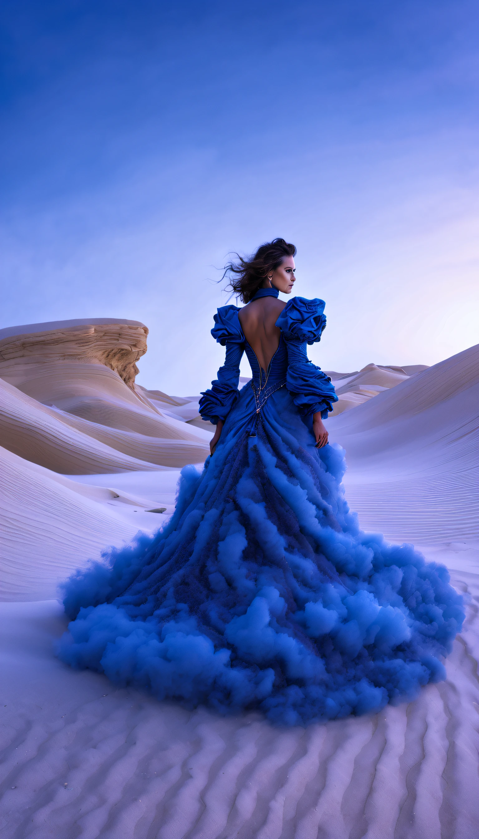 (砂漠に立つサファイアブルーのオーシャンオートクチュールを着た女性モデルの写真）,ハイファッション, 魔女の衣装の背景：木星，リーフ，砂と泡が渦巻いている，青いガス渦, 渦巻く砂と泡, 塵が泡のように渦巻く,