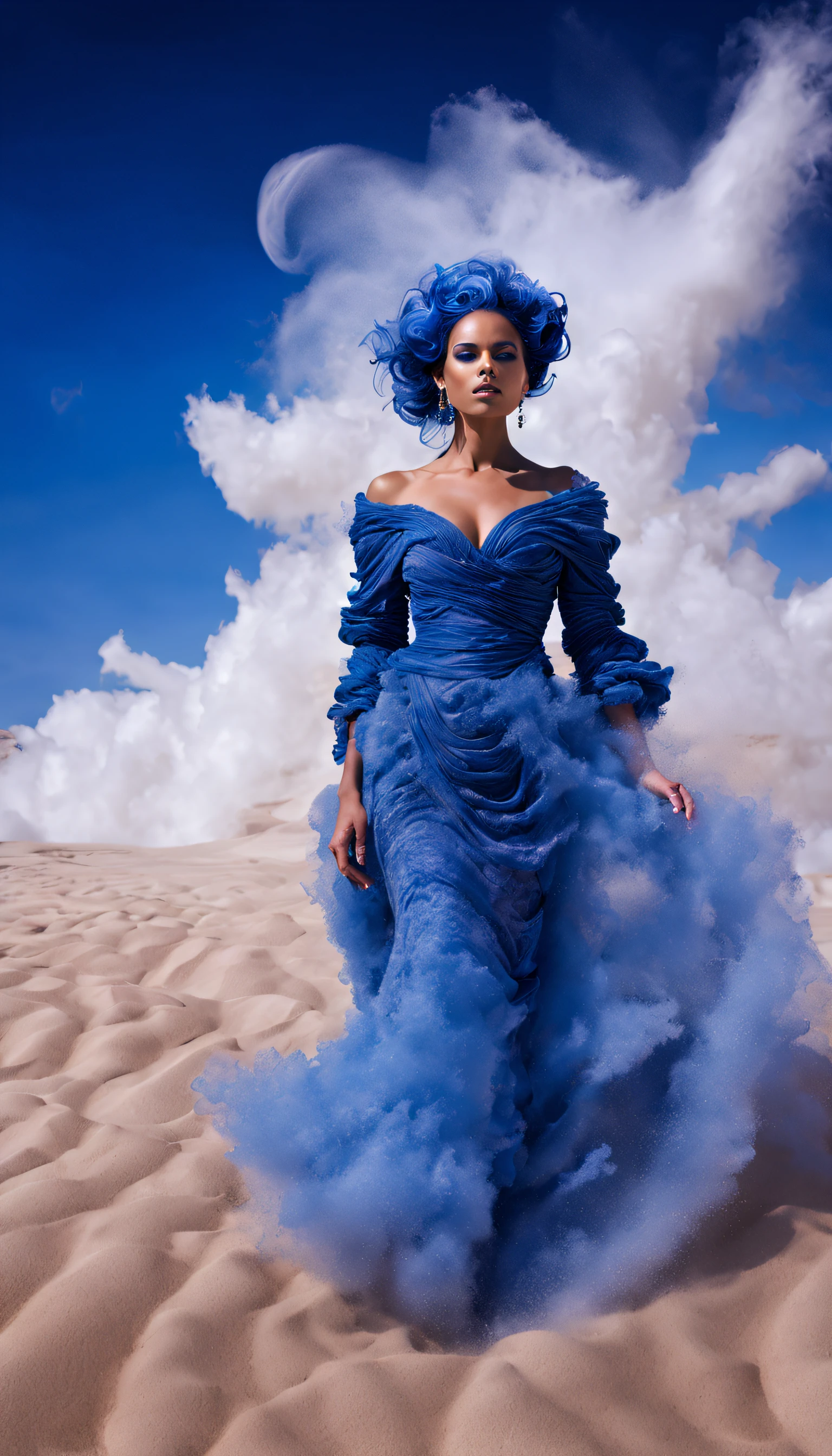 (Photograph of a female model in sapphire blue ocean haute couture standing in the desert）,Haute couture, Witch costume
background：Jupiter，Recife，Sand and foam are swirling，Blue gas vortex, swirling sand and foam, Dust swirls like foam,Blue Jupiter gas swirls like sand, swirling sand and foam, Blue Bubble Swirl,marbled swirls, The texture is like sand, Haute couture, Dust and bubbles in the background
