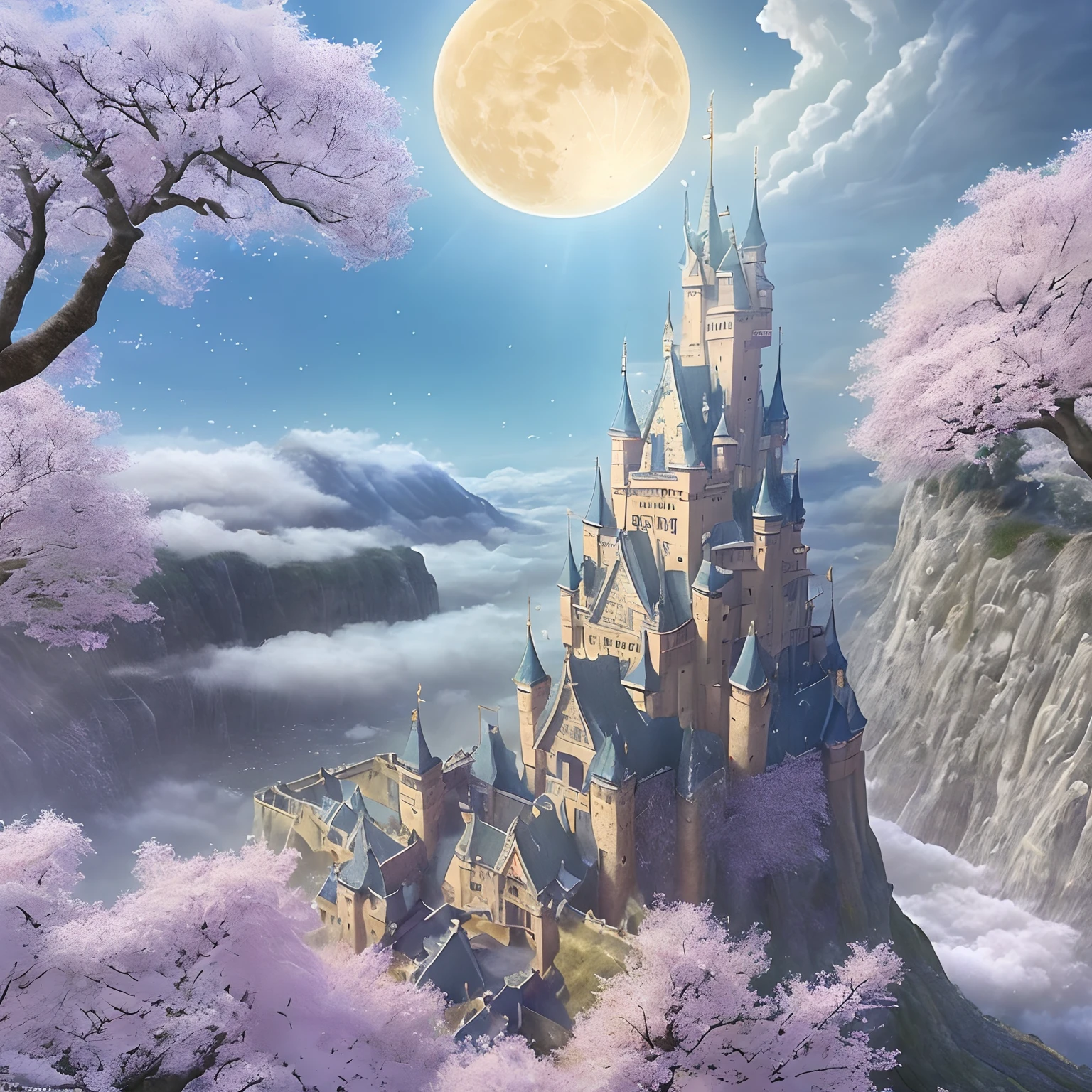 ​masterpiece、hightquality、Realistic、landscape shot、life-like、A detailed、Like the photo、Castle shining in the sky、Castle of the God of the Sky、Castle in the Sky、Flying Castle、Castle of Glory、Castle above the clouds、The cherry tree々A lush castle surrounded by、Sakura blizzard、Falling waterfall、a moon