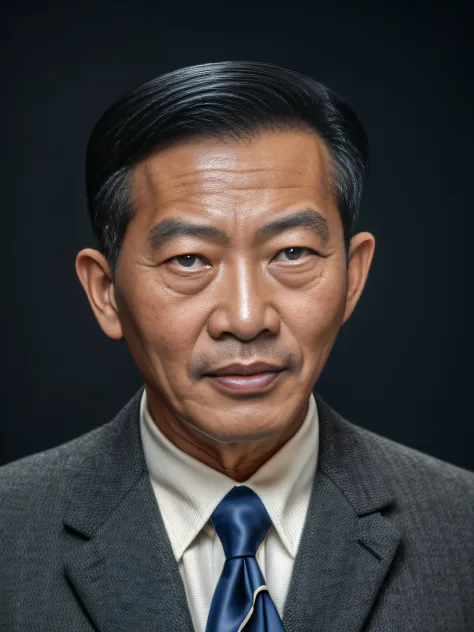 Highly realistic photo, image of a 50 year old Asian man, black suite, photo taken in 1965 with a Kodak camera, dark blue backgr...
