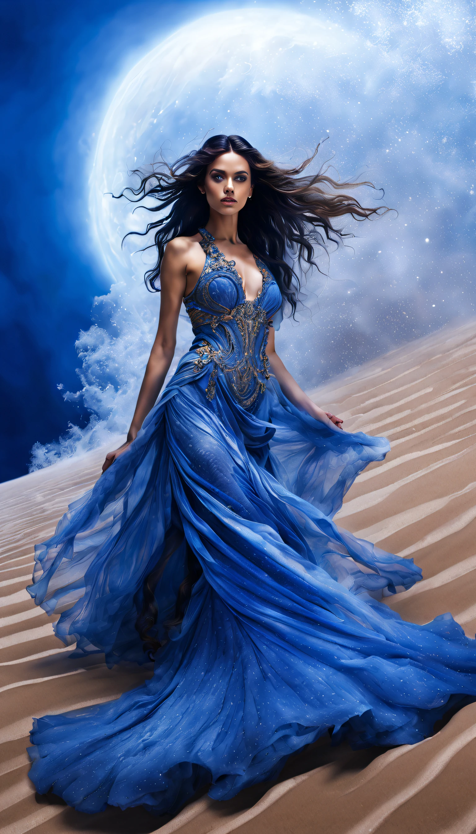 (砂漠に立つサファイアブルーのオーシャンオートクチュールを着た女性モデルの写真）,ハイファッション, 魔女の衣装の背景：木星，リーフ，砂と泡が渦巻いている，青い渦巻く砂と泡, 塵が泡のように渦巻く,
途方もなく長い髪, 長いまつ毛, 明るい瞳, , 投影インセット, ズームレイヤー, レイトレーシング, 神の光線, 超高解像度, 傑作, 網膜, 解剖学的に正しい, キメのある肌, 超詳細, 細部までこだわった, 高品質, 受賞歴, 最高品質, 高解像度, 8k
