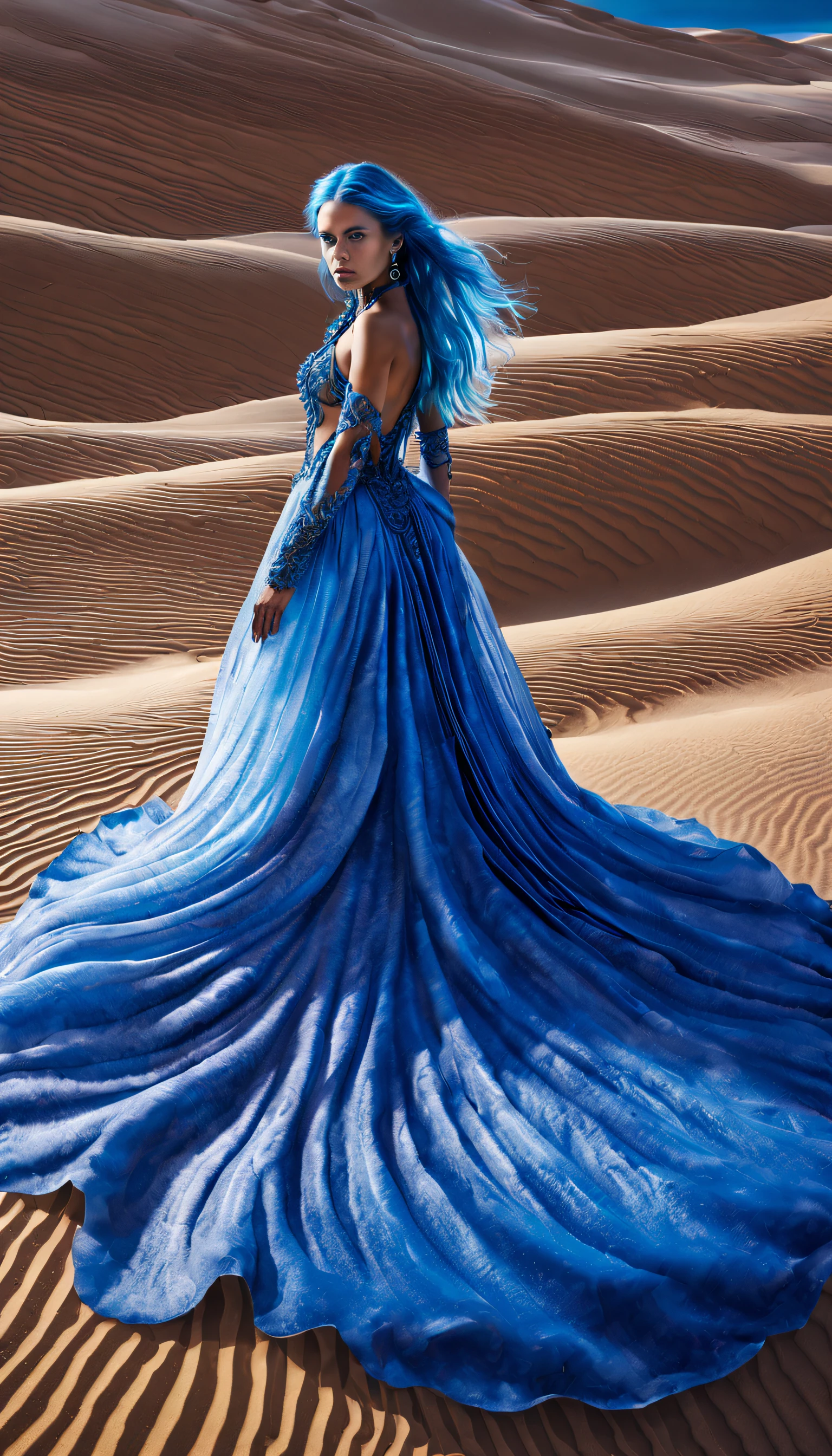 (Photograph of a female model in sapphire blue ocean haute couture standing in the desert）,Haute couture, Witch costume
background：Jupiter，reef，Sand and foam are swirling，Blue swirling sand and foam, Dust swirls like foam,
absurdly long hair, longeyelashes, bright pupils, lonely, projected inset, zoom layer, ray tracing, god rays, UHD, masterpiece, retina, anatomically correct, textured skin, super detail, high details, high quality, award winning, best quality, highres, 8k