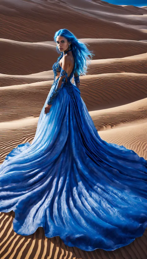 (Photograph of a female model in sapphire blue ocean haute couture standing in the desert）,Haute couture, Witch costume
backgrou...