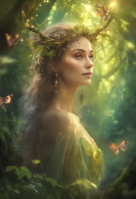 (bestquality,10,10,highres,masterpiece:1.2),ultra-detail,(Realistic,photorealistic portrait,photo-realistic:1.37),forests,Cute female dryad creature,Charming ethereal landscape,Lush vegetation,Majestic ancient tree,Magical sunlight shines through the branc...