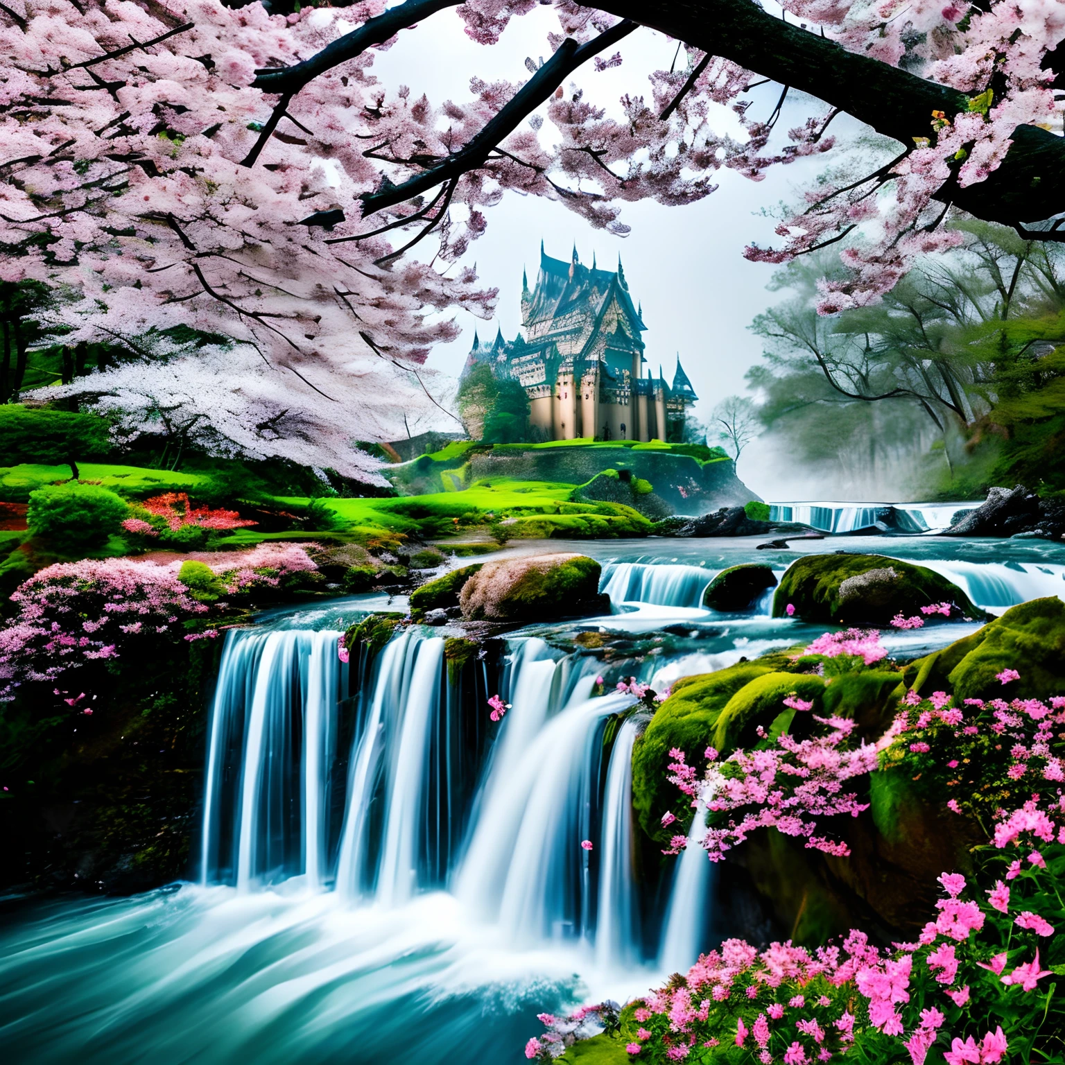 ​masterpiece、hightquality、Realistic、landscape shot、life-like、A detailed、Like the photo、Castle shining in the sky、Castle of the God of the Sky、Castle in the Sky、Flying Castle、Castle of Glory、Castle above the clouds、The cherry tree々A lush castle surrounded by、Sakura blizzard、Falling waterfall、a moon