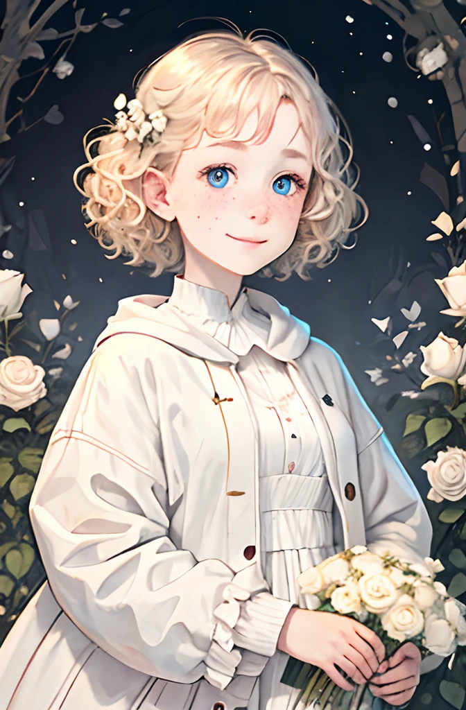 highest quality, pale skin, (face and eyes detail: 1.2), 1 girl, very delicate and beautiful girl, light blond, wavy short hair, blue eyes, snub nose, (slightly childish appearance), ((very beautiful)), ( freckles: 0.7), curls, science fiction, whole body, smile, luchy, happy, in the roses garden, whole body, with white flowers , white roses, winter, winter coat, snow,
