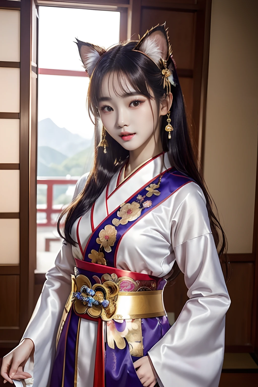 (Dame mit Katzenohren）、（Top Qualität）、（Meisterwerk）、（1 Mädchen）、（Eine hohe Auflösung）、（Photorealsitic）、Solo、ein Bild、Es gibt eine Frau mit Katzenohren in einem rot-weißen Shinto-Priesterinnenkostüm, wunderschönes chinesisches Modell, Wunderschöne junge Koreanerin, schöne koreanische Frauen, koreanisches Mädchen, Gekleidet als Priesterin, Schönes asiatisches Mädchen, Göttin Japans, Modell Posen, Schöne junge Koreanerin, Strahlende Sonnenlichtquelle, Japanisches Schönheitsmodell、