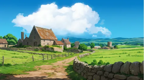 Countryside painted with stone walls and stone fences, anime countryside landscape, distant village background, Anime background...