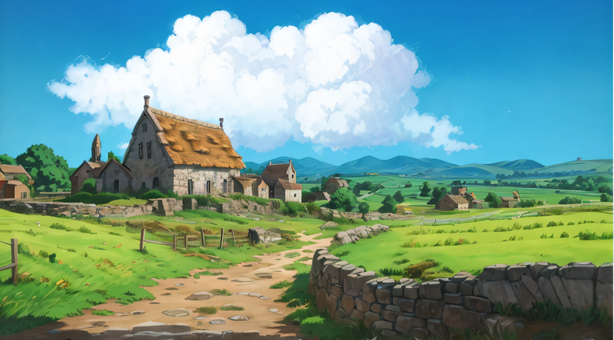 tmasterpiece，k，Countryside painted with stone walls and stone fences, anime countryside landscape, distant village background, Anime background art, Anime landscape concept art, beautiful anime scenery, Anime landscapes, medieval village on the plains, town background, Anime landscape, Countryside, anime landscape wallpapers, arte de fundo, anime backgrounds, amazing wallpapers, countryside city scene, landscape artwork, background artwork，super detailed,vivid color，studio lighting,professional photography,uhd