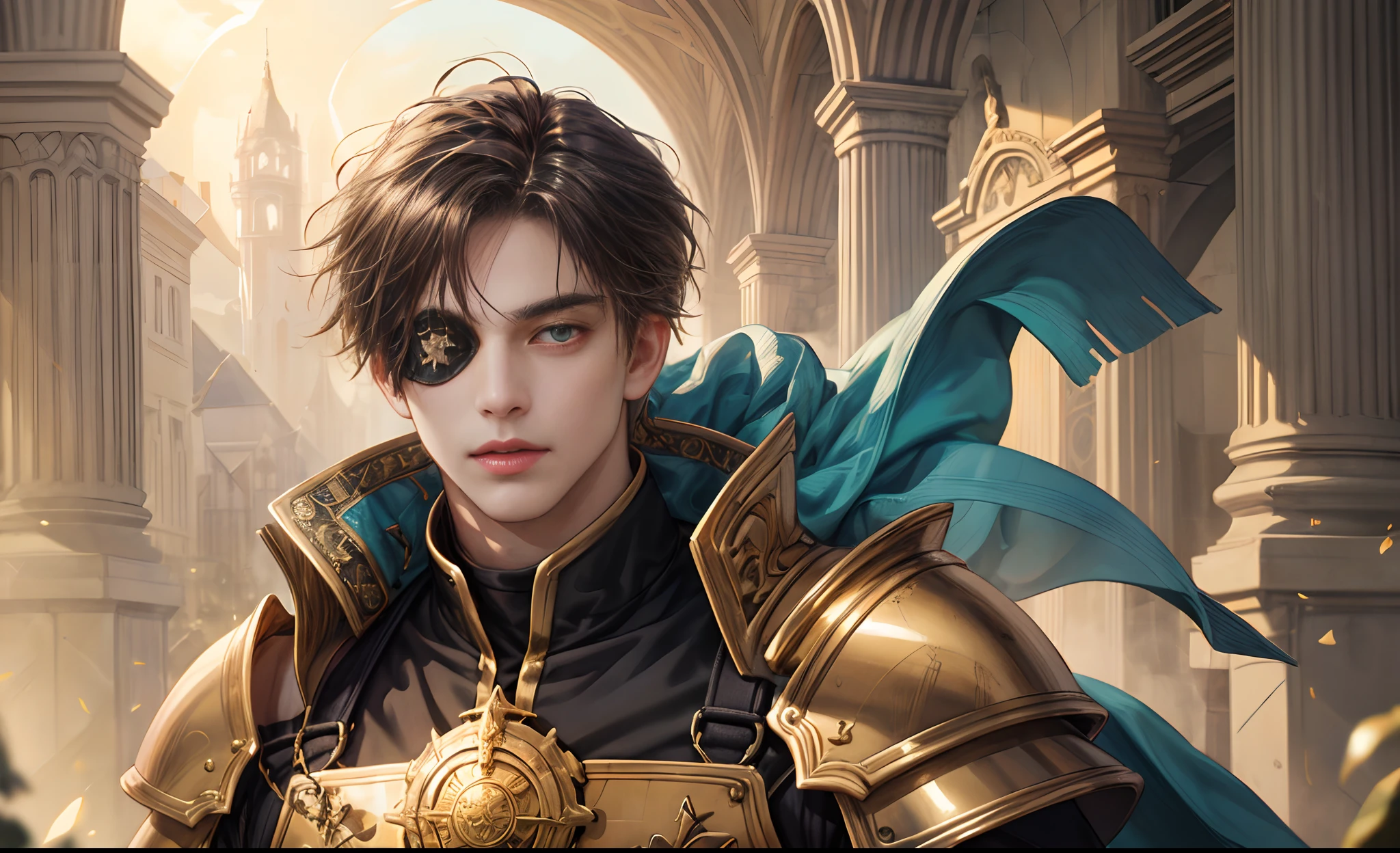 (Absurdres, Intricate Details, Masterpiece, Best Quality, High Resolution, 8k), 1 male, thin, young, aged up, masked, finely detailed eyes and face, auburn low-fade hair, amber eyes, portrait,  looking at viewer, solo, half shot, detailed background, (light fantasy theme:1.1),  focusing, mercenary,  sunshine, floating scraps,  color plate armor, divine aura, bright realistic lighting, marble castle, intense atmosphere, circlet, coat of arms,  brazier,  , Depth of Field, VFX. wear an eyepatch, open eyes