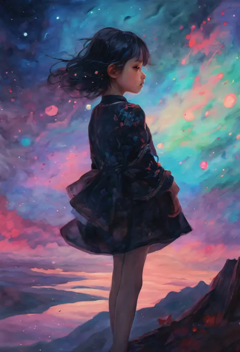 [Young 1girl, Cute Black Chaos Bob To The Wind, baroque:20]:BG[Nebula IC434] (Art by Slawomir-Maniak), Lush watercolor palette c...