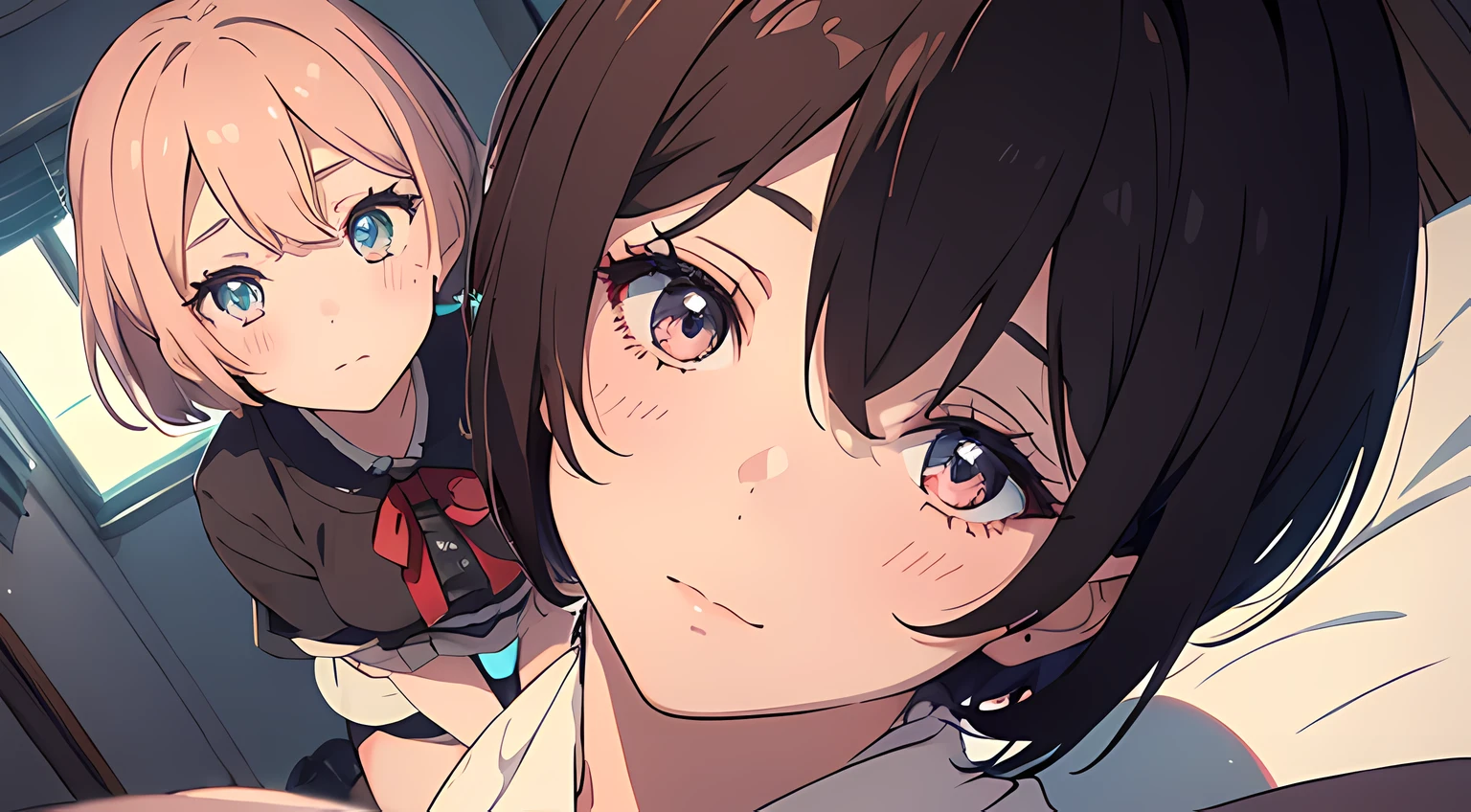 2 girls, (beautiful eyes finely detailed, short hair with different colors), wearing different outfit, sit on the bed, full body, teasing facial expression, looking at the camera, blush on their face, bedroom, master piece, sidelighting, top-quiality, detailed, High Resolution anime illustration