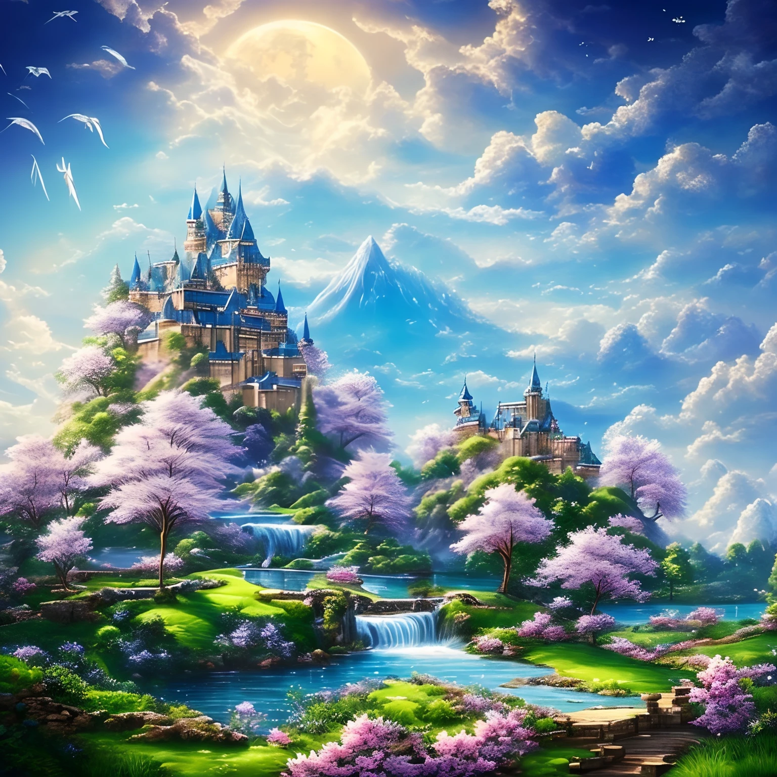 ​masterpiece、hightquality、Realistic、landscape shot、life-like、A detailed、Like the photo、Castle shining in the sky、Castle of the God of the Sky、Castle in the Sky、Flying Castle、Castle of Glory、Castle above the clouds、The cherry tree々A lush castle surrounded by、Sakura blizzard、Falling waterfall、a moon