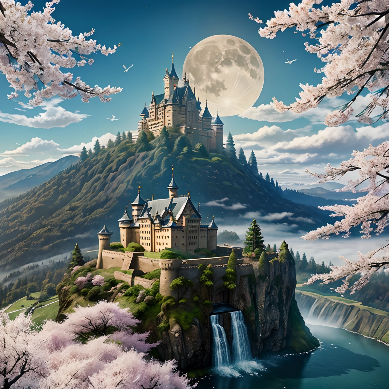 ​masterpiece、hightquality、Realistic、landscape shot、life-like、A detailed、Like the photo、Castle shining in the sky、Castle of the God of the Sky、Castle in the Sky、Flying Castle、Castle of Glory、Castle above the clouds、The cherry tree々A lush castle surrounded by、Sakura blizzard、Falling waterfall、a moon