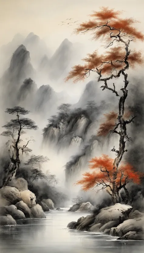 Chinese landscape painting，ink and watercolor painting，water ink，ink，Smudge，Faraway view，Ultra-wide viewing angle，Meticulous，water ink，Smudge，Meticulous，Smudge，low-saturation，Low contrast，The light boat has crossed the Ten Thousand Heavy Mountains，Beautifu...