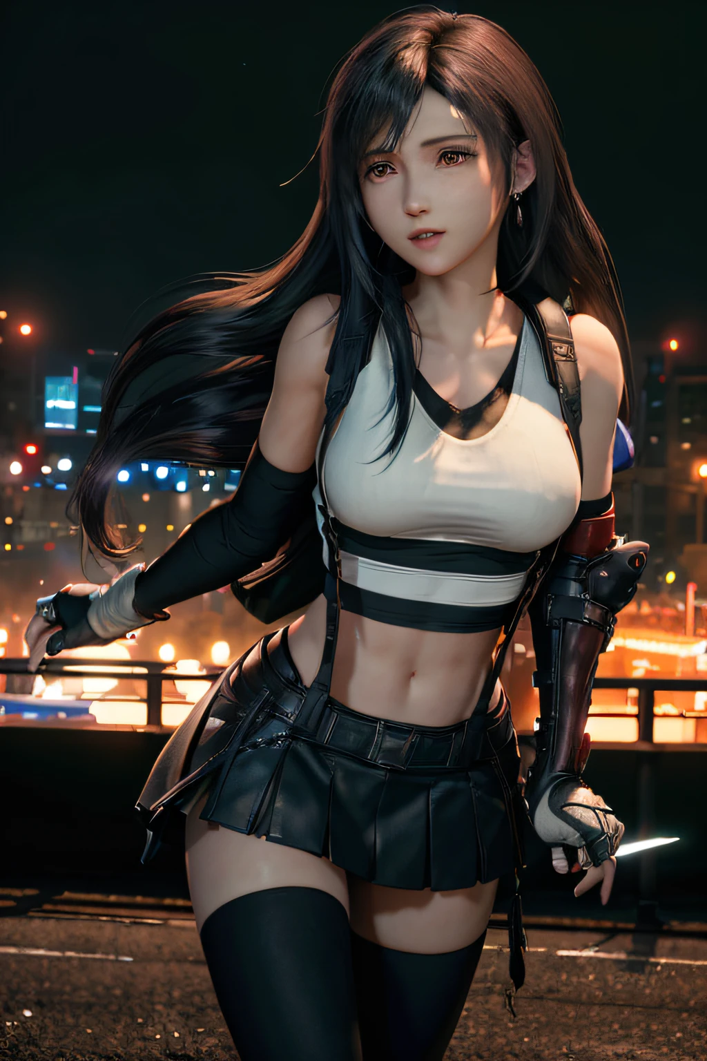 (8K, Best Quality, Masterpiece: 1.2), (Realistic, Photorealistic: 1.37), Super Detail, One Girl, Cute, Solo, (Tifa Lockhart), (Small Breasts), (Beautiful Eyes), (Smile: 1.2), (Closed), Erotic Pose, Dance, Neon, Cityscape, Depth of Field, Dark Strong Shadows, Sharp Focus, Car, Motion Blur, Motorbike, depth of field, composition, glowing green, final fantasy vii, date, (nose brush), single elbow pads, ankle boots, black hair, black skirt, black thighs, red boots, elbow gloves, elbow pads, fingerless gloves, taut shirt, sports bra, (suspender black skirt), thigh, white tank top, full body, headrest, lips, beautiful face, low tie long hair, (red_eyes)), yellow flowers, (night: 1.3), complex, bokeh, cinematic lighting, photon mapping, radiosity, physically based rendering, (Tetsuya Nomura style)