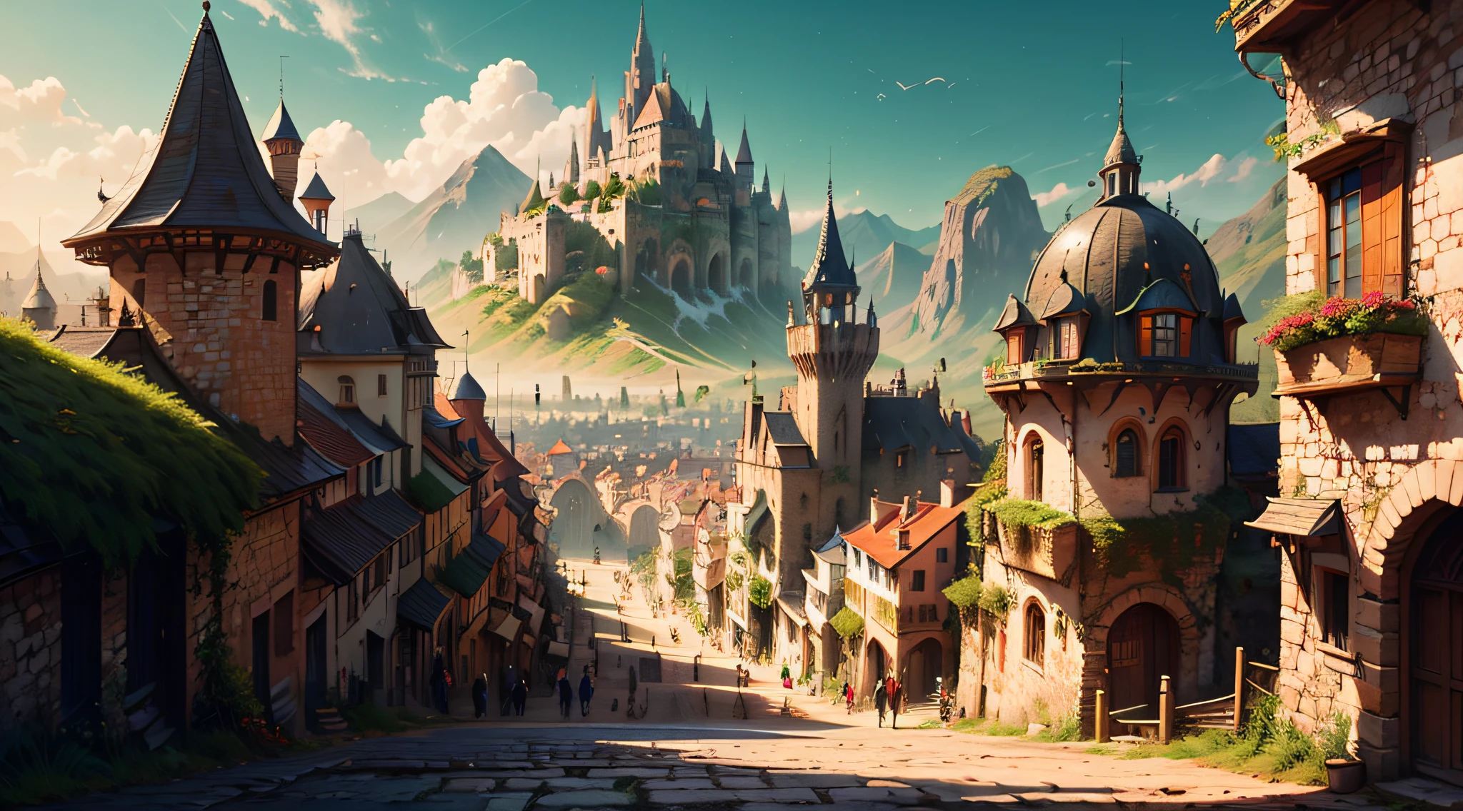 ((fantasy-medieval theme)), fantasy-medieval large-metropolitan fortified city, semi-tropical, mountains in the background, 1 high towering and long fantasy-medieval castle-palace standing at the top of the rocky-green hill in the middle of the city, fantasy-medieval roads, (((colorful buildings))), busy street, crowded, aesthetic, masterpiece, best quality