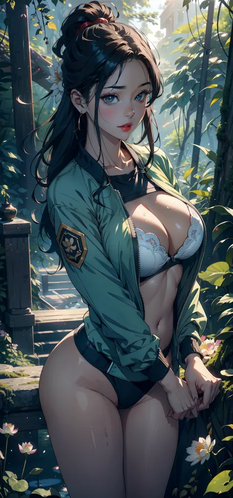 1female，45 yers old，Married Woman，熟妇，mature，plumw，extremely large bosom，Big breasts Thin waist，long leges， 独奏，（Background with：Deep in the forest，Cherry blossom forest，ponds，lotus flower）Stand on the grass，Open your legs， She has long black hair，bobo head，...