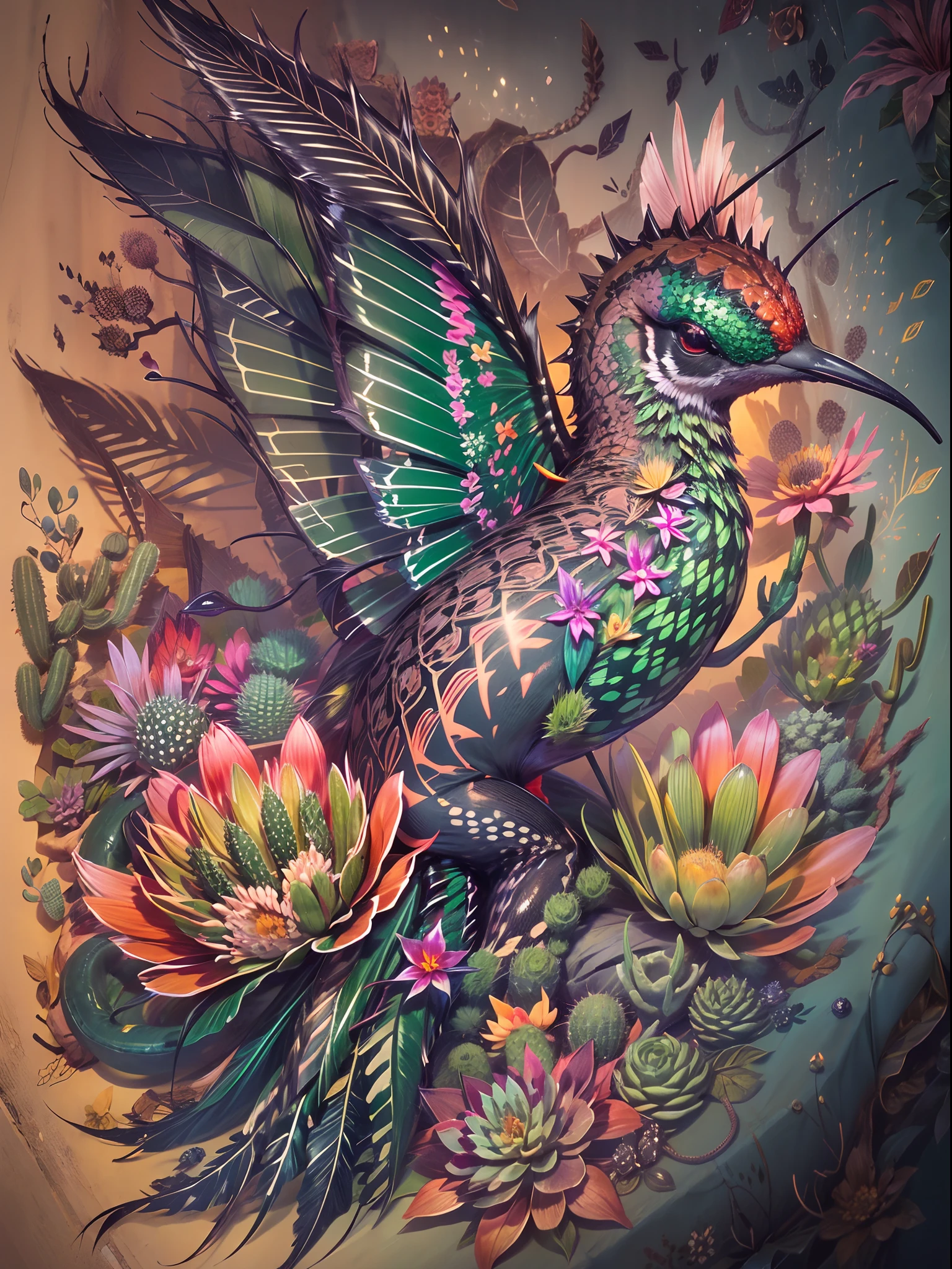In this tattoo design, create a surreal creature that fuses the features of a hummingbird, a snake, and a cactus, with intricate details such as iridescent feathers, vibrant green scales with spines, and delicate flower blooms growing from the creature's prickly body, set against a dark and moody background with hints of sunset hues, to create a mesmerizing and unforgettable image.