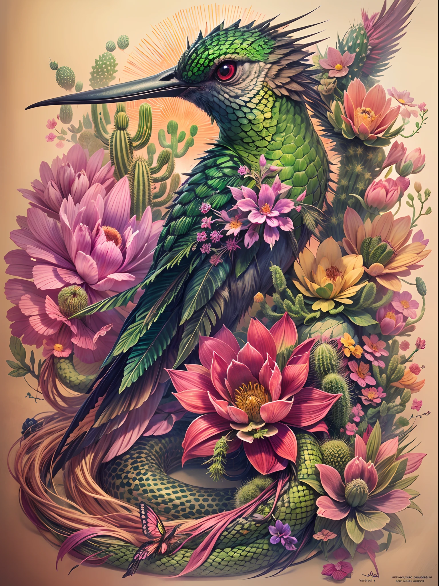 In this tattoo design, create a surreal creature that fuses the features of a hummingbird, a snake, and a cactus, with intricate details such as iridescent feathers, vibrant green scales with spines, and delicate flower blooms growing from the creature's prickly body, set against a dark and moody background with hints of sunset hues, to create a mesmerizing and unforgettable image.