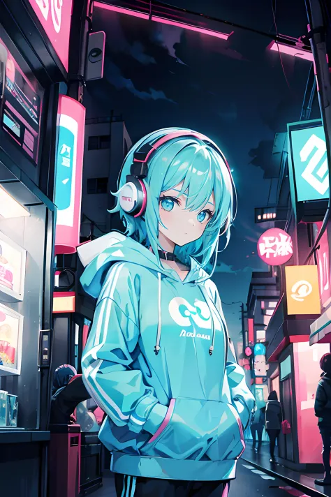 Anime Girl with cyan hair, playing games on phone, hoodie, headphones, street, neon lights, night