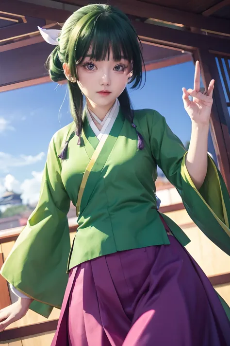 masuter piece, Best Quality, 超A high resolution, top-quality, Anime style, 1girll, Maomao, Chinese style kimono, Green outerwear...