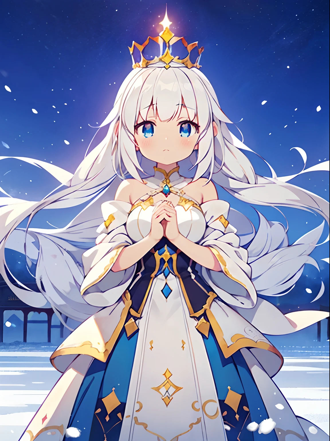 Anime girl with long white hair and blue dress in the snow, white haired god, white hair floating in air, anime fantasy illustration, flowing white hair, beautiful young wind spirit, beautiful fantasy anime, glowing flowing hair, ethereal anime, beautiful anime artwork, beautiful digital works of art, anime fantasy artwork, ((a beautiful fantasy empress)), 2. 5 d cgi anime fantasy artwork