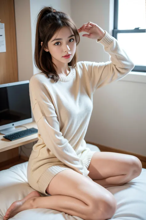 1girl in,Sweaters,White background,​masterpiece, top-quality, 1girl in, The upper part of the body, sitting on, shorth hair, , A dark-haired, 、Nostalgic clothing, frilld、number of people: alone
action: Work on your home computer
time: morning
place: House ...