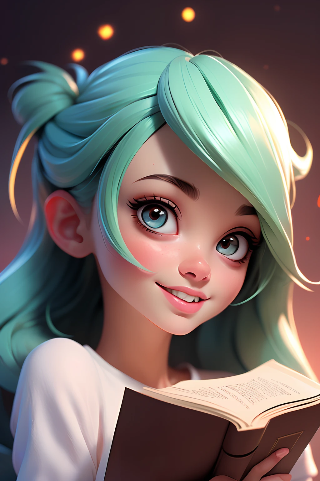 (best quality, 4k, 8k, Altas, master part:1.2), ultra-detalhado, (Realistic, fotorrealista, photo-realistic:1.37), frisky, Cartoon, garota, sorriso bonito, ao ar livre, 3D rendering, belos olhos detalhados, beautiful detailed lips, olhos e rosto extremamente detalhados, long eyeslashes, Coloridos, soft lighting, summer scenery, Grama Verde, atmosfera animada