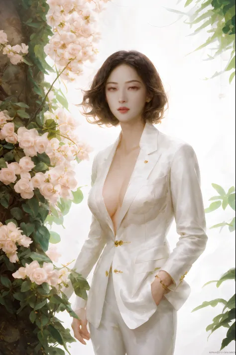 fully body photo，((pores))，fashion magazine，sophisticated haircut，ultrarealism oil painting，（Pure white parrot），white business suit，DEEP-V COLLAR，（Short-haired neutral woman），((a mature female))，Pink big breasts，Plant cover background，The style of artist B...