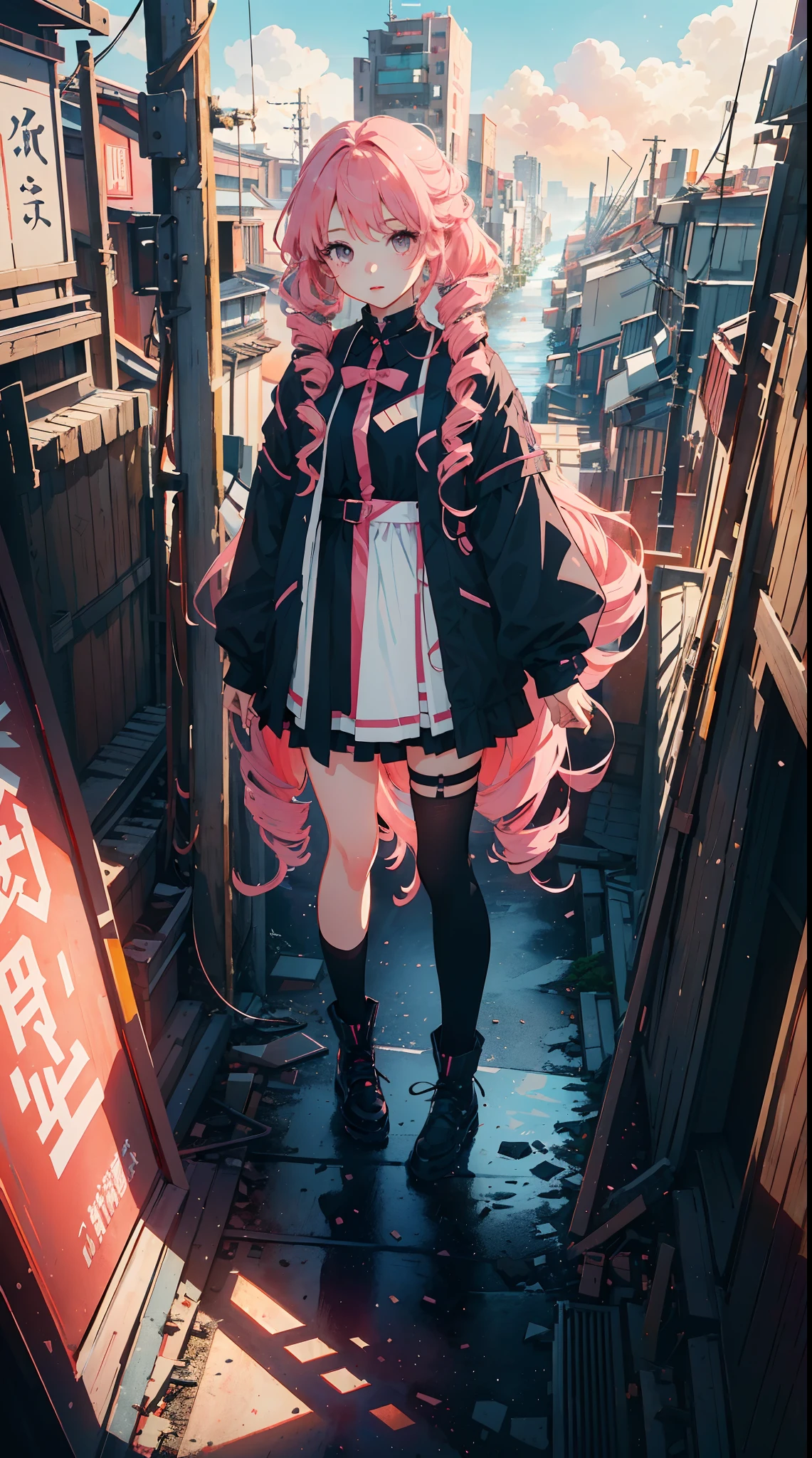 (masterpiece, concept art, highly detailed), shot from above, giant, 1girl, Loli, cute, pink hair, long drill hair, cute goth outfit, fair skin, standing, (miniature Tokyo metropolis background), (epic composition, epic proportion), volumetric lighting, panoramic, atmospheric, vibrant color, HD