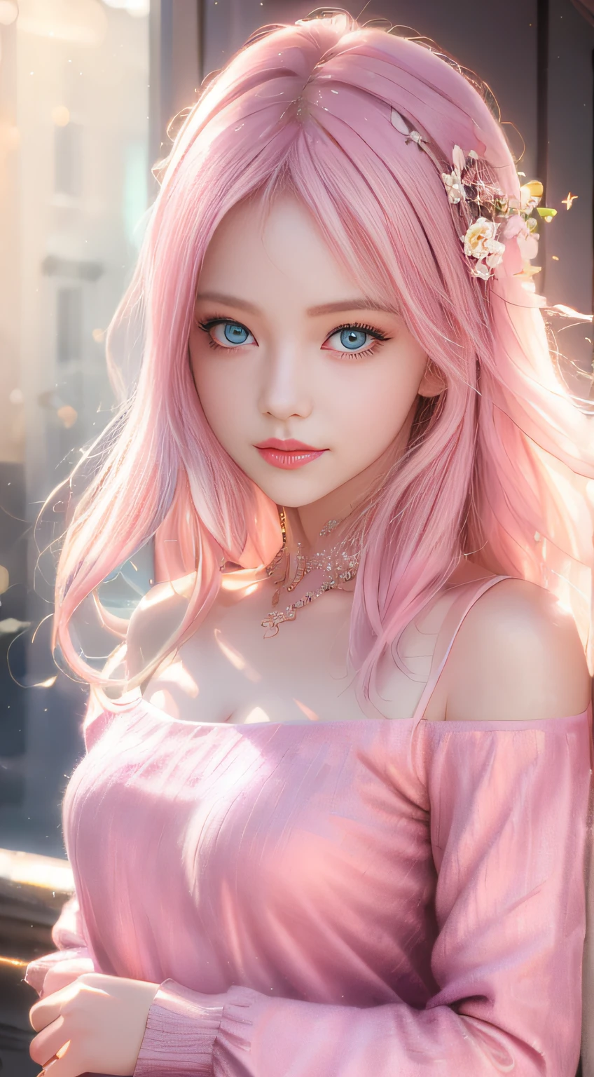 best qualtiy，tmasterpiece，hight resolution，1girll，dingdall effect，realisticlying，edge lit，two tone lighting，（highdetailskin：1.2），8K UHD，pure，Dolce，flowers background，Colorful background，Based on physical rendering，Perfect Light and Shadow，extreme hight detail，Pink tones，eye reflections，Raised sexy，perfect bodies，Superb Beauty，largeeyes，long eyelasher，Delicate eyes，big shiny eyes，Small pupil reflex，Shoulder and neck details，The texture of the pupil is delicate，Perfect eyes，black pupils，best qualtiy，A pink-haired、tmasterpiece，16 K，a picture，head portrait，Bigchest，long-sleeve，Take care of your chest，Large breasts，Delicate avatars