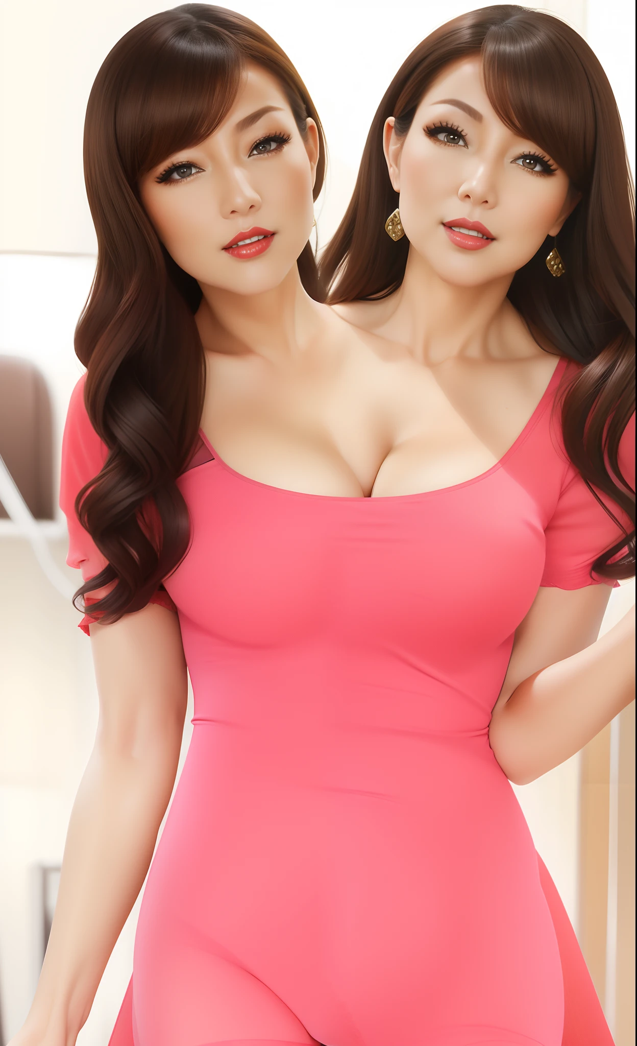 Two asian women in pink dresses posing for a picture - SeaArt AI