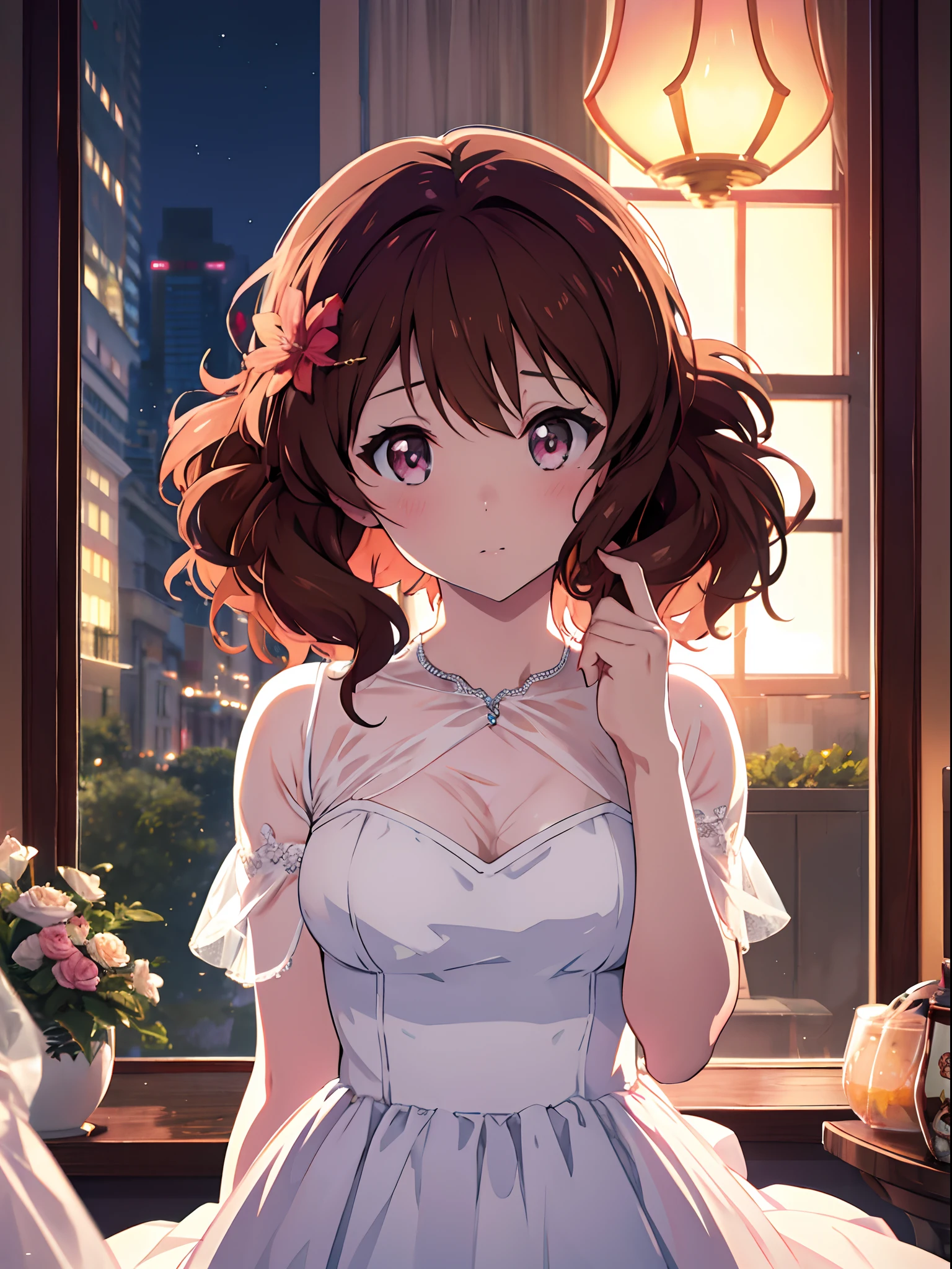 ultra-definition、hight resolution、One Girls、Big front＿Kumiko、Cute faces in anime、Girl with beautiful details、Top image quality、 [3D images:1.15]、[8k picture:1.15], Top image quality, Kumiko、High resolution, Ultra-high resolution, Overall view、depth of fields, Short hair, Brown hair, Pink eyes, (Hairpin), wedding dress, flower, chies