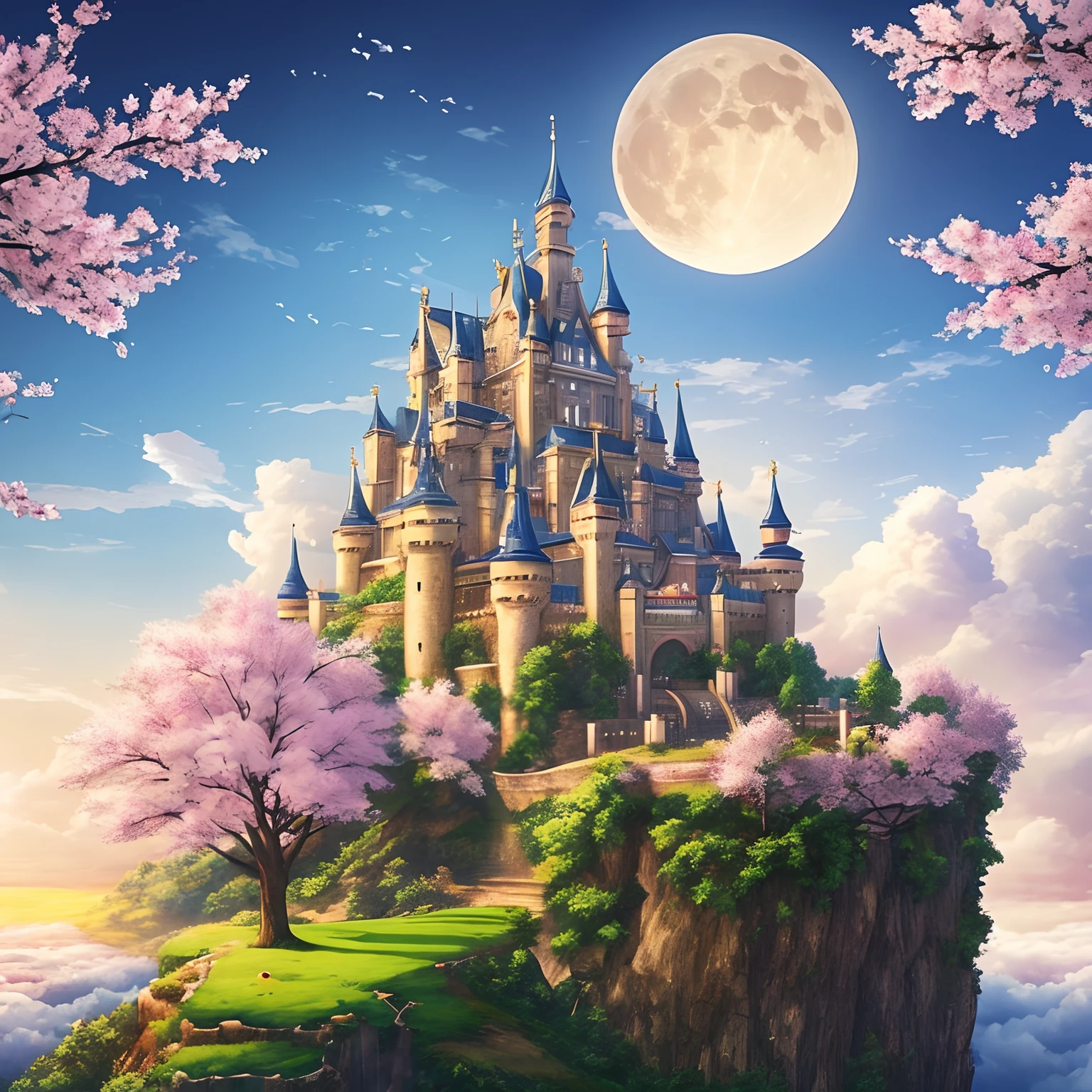 傑作、高品質、現実的、風景写真、生き生きとした、詳細な、写真にいいね、空に輝く城、天空の神の城、天空の城、空飛ぶ城、栄光の城、雲の上の城、桜の木々に囲まれた緑豊かな城、桜吹雪、落水する滝、月