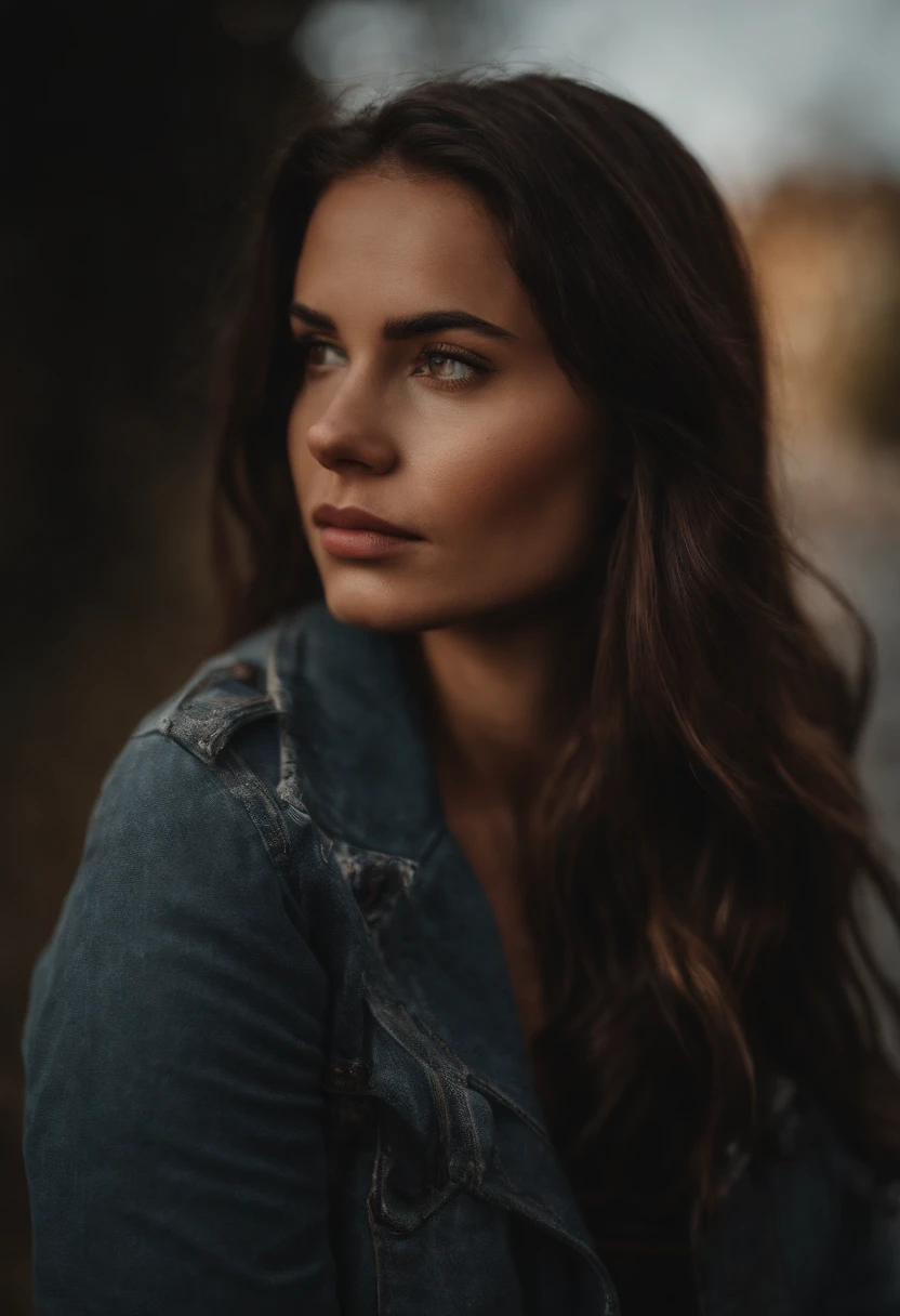 A woman with long hair and a denim jacket looking away - SeaArt AI