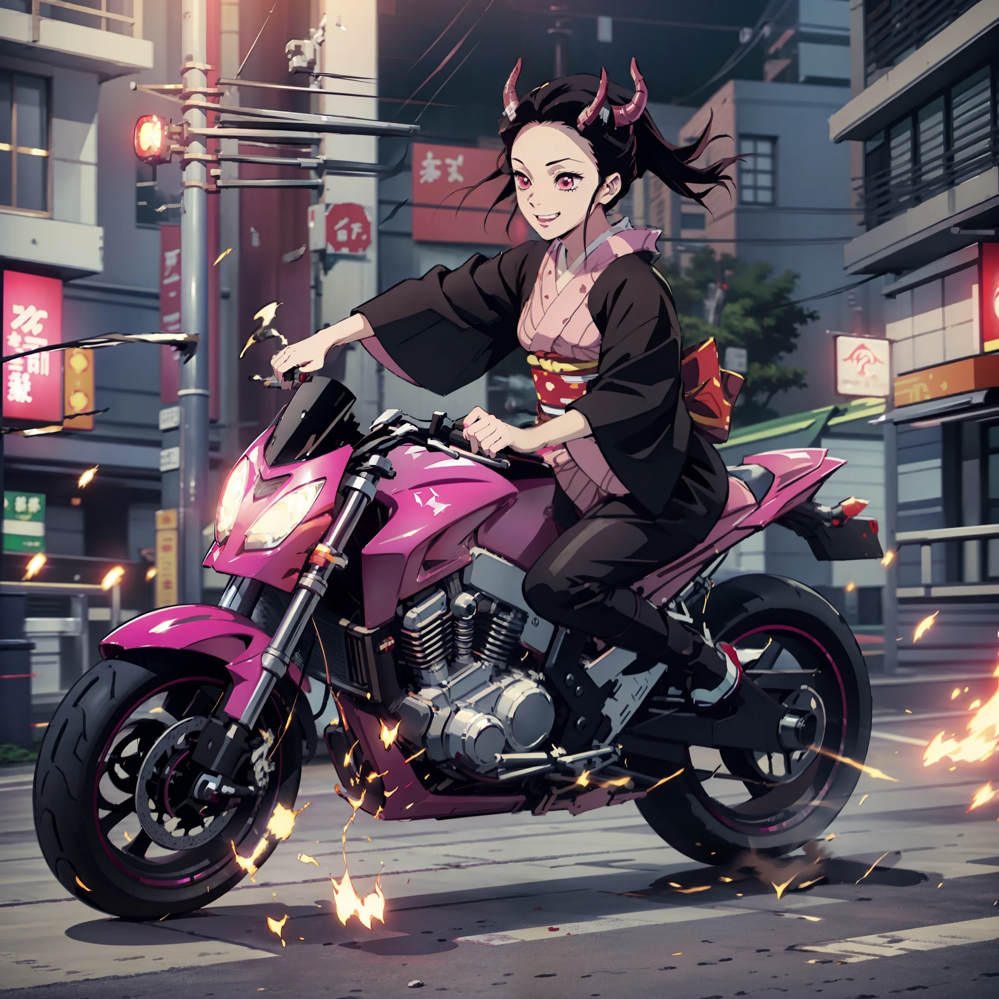 (masterpiece, best quality:1.2), kimetsu no yaiba style, kamado nezuko, (1girl, solo), 20years old, full body, (black and pink kimono), black leather boots, (red demon horns, red eyes), evil smile, BREAK (driving motorcycle on the city with high speed, keep wheelie, yhmotorbike), (slow motion:1.3), (Motion blur:1.3), (speed lines:1.4), sense of speed, sparks and smoke coming out of tires