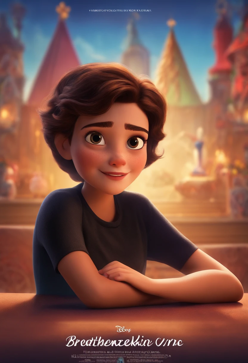 filme Marketing 2023 estilo filmes Pixar, Com nome "N - Marketing", poster, With young lighter brunette short hair and a black t-shirt in front of crossed arms.