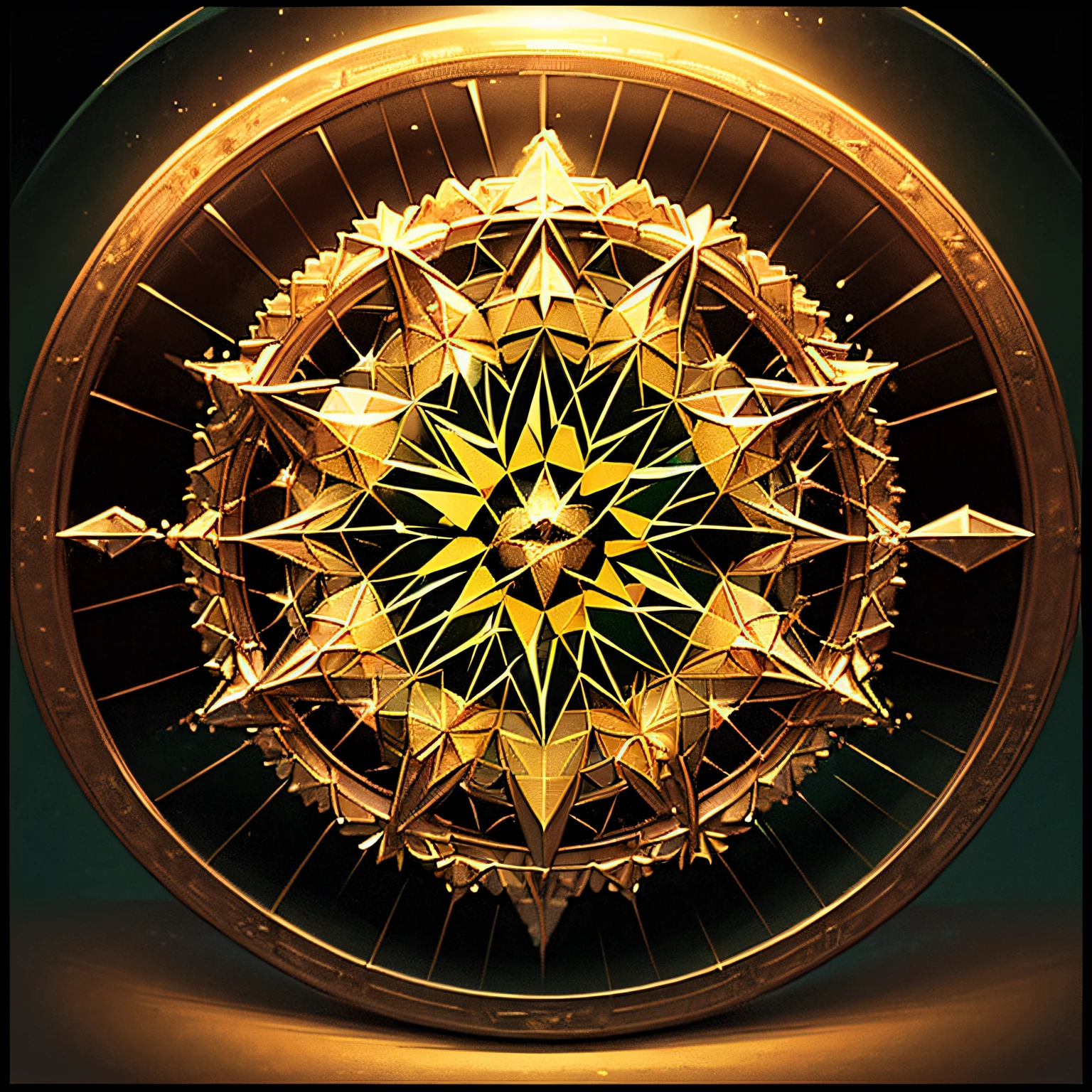 (((Transparent Radiance, Tokenframe, Smooth Blank Round Frame, Symmetrical, sophisticated, Elegant round frame, ))) (Black background), D&D, ((magical circle, Geometrically Correct Magic_A circle of non-existent runes with a triangular shape)), mint|a gold|Caramel Geometric Highlights, Magic Sigils, Esoteric Symbols, Clear abstract geometry, predominantly mint-golden shades, (Intricate cubic fragments in the frame), (((There's nothing inside the frame))), ((kaleidoscope:1.5)), Round frame with transparent cubic fractal pattern, empty background, ST41NEDG,