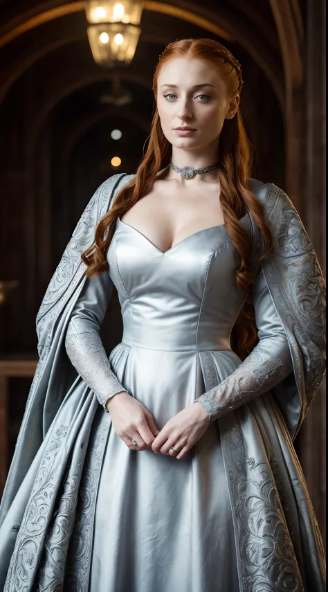 high quality photograph of  (extremely hot 45 years old Sophie Turner, Sansa Stark , 6ft tall woman) ( insanely detailed skin te...