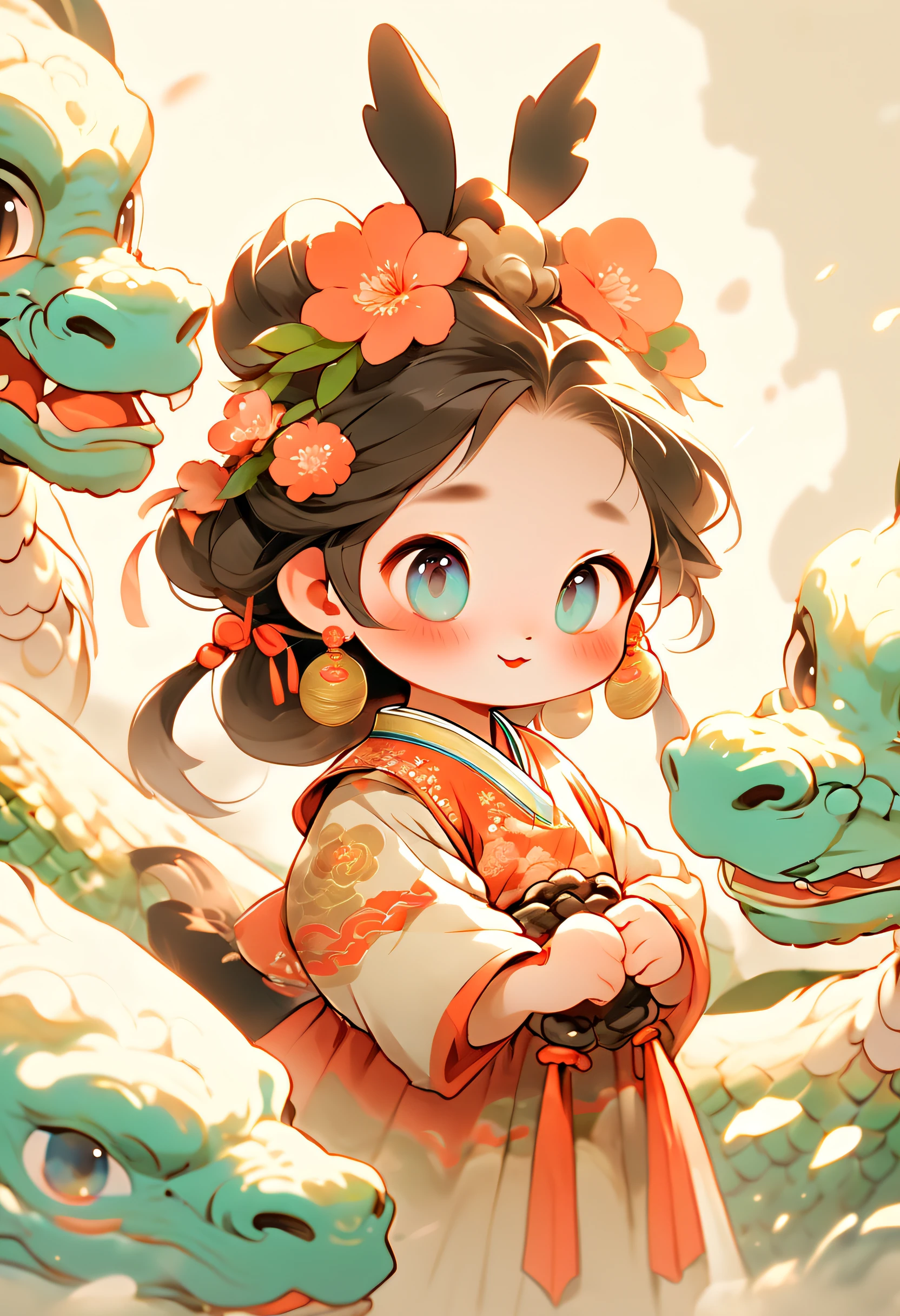 A cute little 6 year old girl, looks like Chen Zhiyan（Coco）, Blushlush, Gongbi painting, Chubby face, In traditional Yi people dress, minimalistic vector art, low twintails, hair flower, dragon horns, aqua eyes, light smile, character design, rococo style, anime style, Contemporary art, Minimalism, 16k, high details