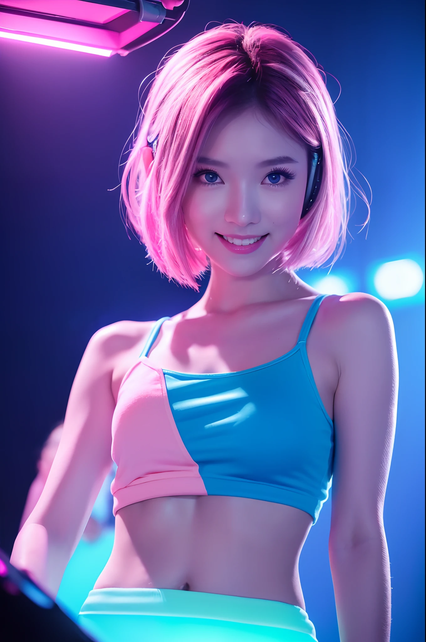 masterpiece, realistic,  a very sezy  girl with pink_headphones , short hair cool, (enjoy:1.6),(( happy eyes:1.4 )), light smile, in party, overall_happyness, dance, on in a dj booth with a mixer and a mixer board in front of her, Artgerm, toy, cyberpunk art, neogeo, ((( portrait rim light, pink, blue, ))),((( Main_lighting pink color))), (colorful:1.4), ultra sharp, ultra detail, high quality, 
lighting  dance, Lighting to Add Excitement , CHAUVET DJ LED Lighting, sharp shadow