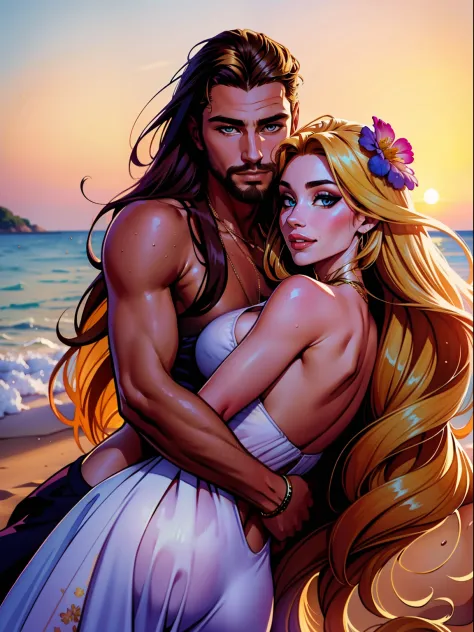One Handsome Chad hugging three beautiful bitches tackling him and touching him,  dressed for the beach, perfect bodies, women: long flowing hair, flowers in hair, seductive, materials, golden hour, , jewelry, golden hour, photorealistic, masterpiece, in l...