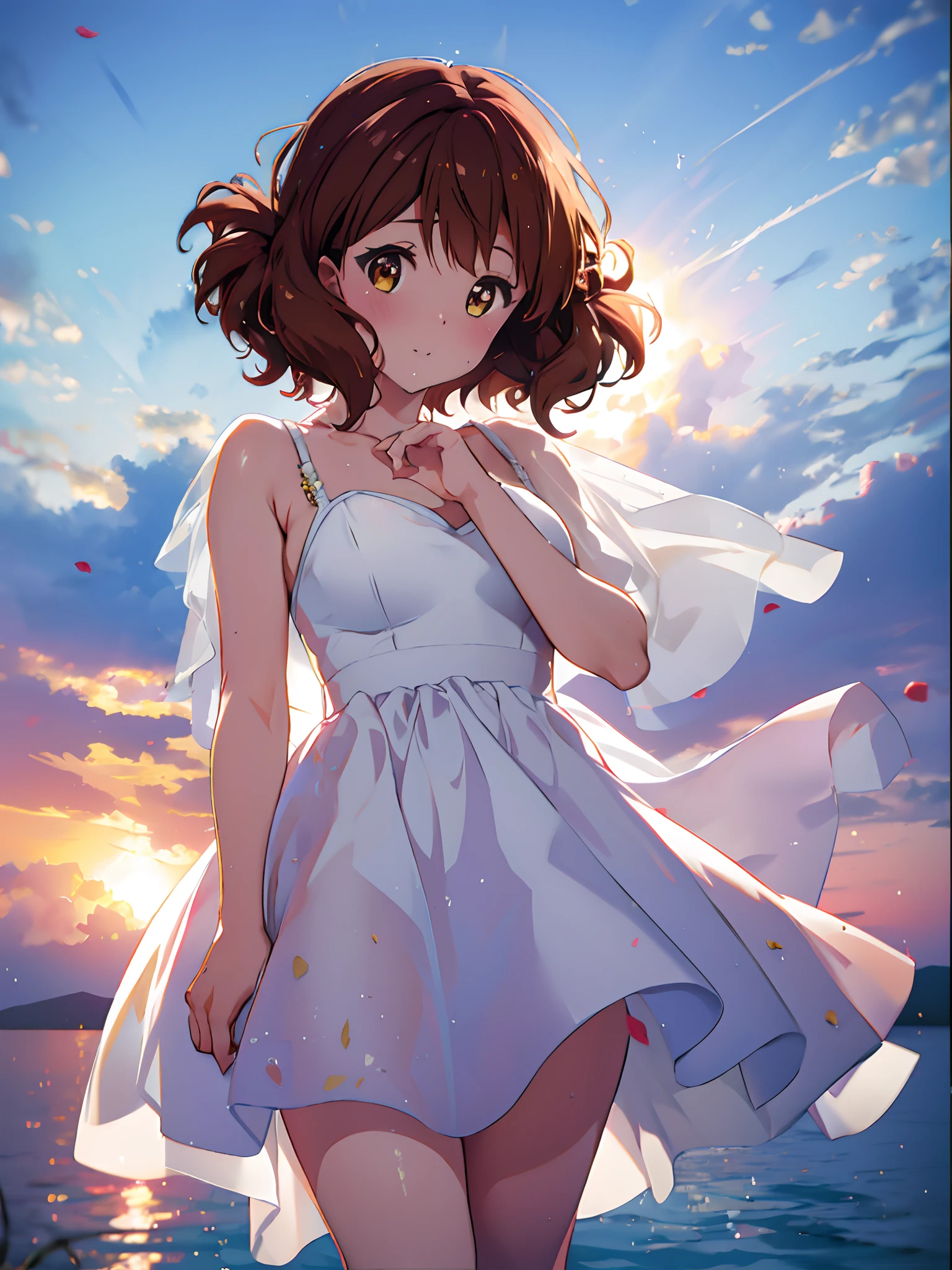 Top image quality、 [3D images:1.15]、[8k picture:1.15], Top image quality, Kumiko、white sock、High resolution, Ultra-high-resolution beautiful thighs, one girls、ohwx、you＿Kumiko、Cute faces in anime、Girl with beautiful details、depth of fields, Short hair, Brown hair, (full-body view), wedding dress, flower, chies、Cowboy Shot