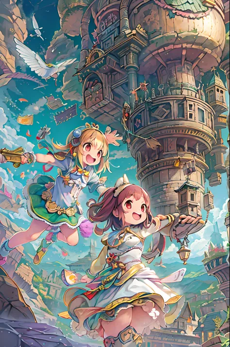 Flying castle, Full of air,Two girls、huge smile