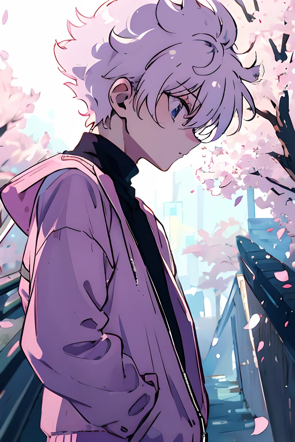 1boy, killua_zoldyck, solo, focus, teen, walking, looking down, worried, pink jacket, white shirt, shorts, upper body, from side, small town, soft light, looking at viewer