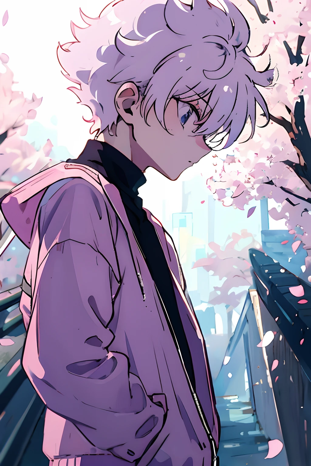 1 chico, Killua_zoldyck, solo, enfocar, adolescente, Caminando, mirando abajo, preocupado, chaqueta rosa, Camisa blanca, bermudas, Parte superior del cuerpo, de un lado, pequeño pueblo, luz tenue, mirando al espectador